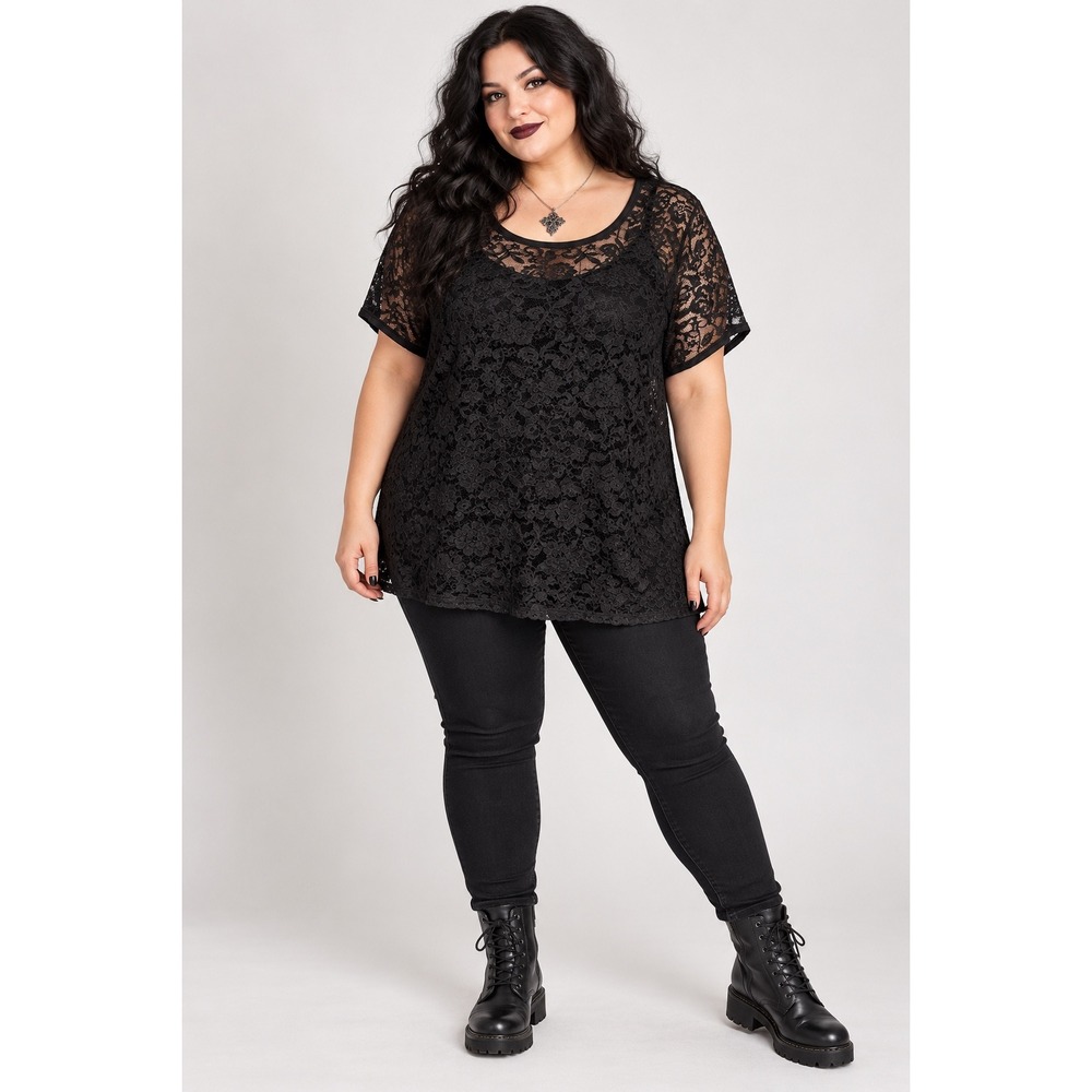 Torrid Black Floral Lace Crew Neck Tee Short Sleeve Top Plus Size 4 4X NEW goth